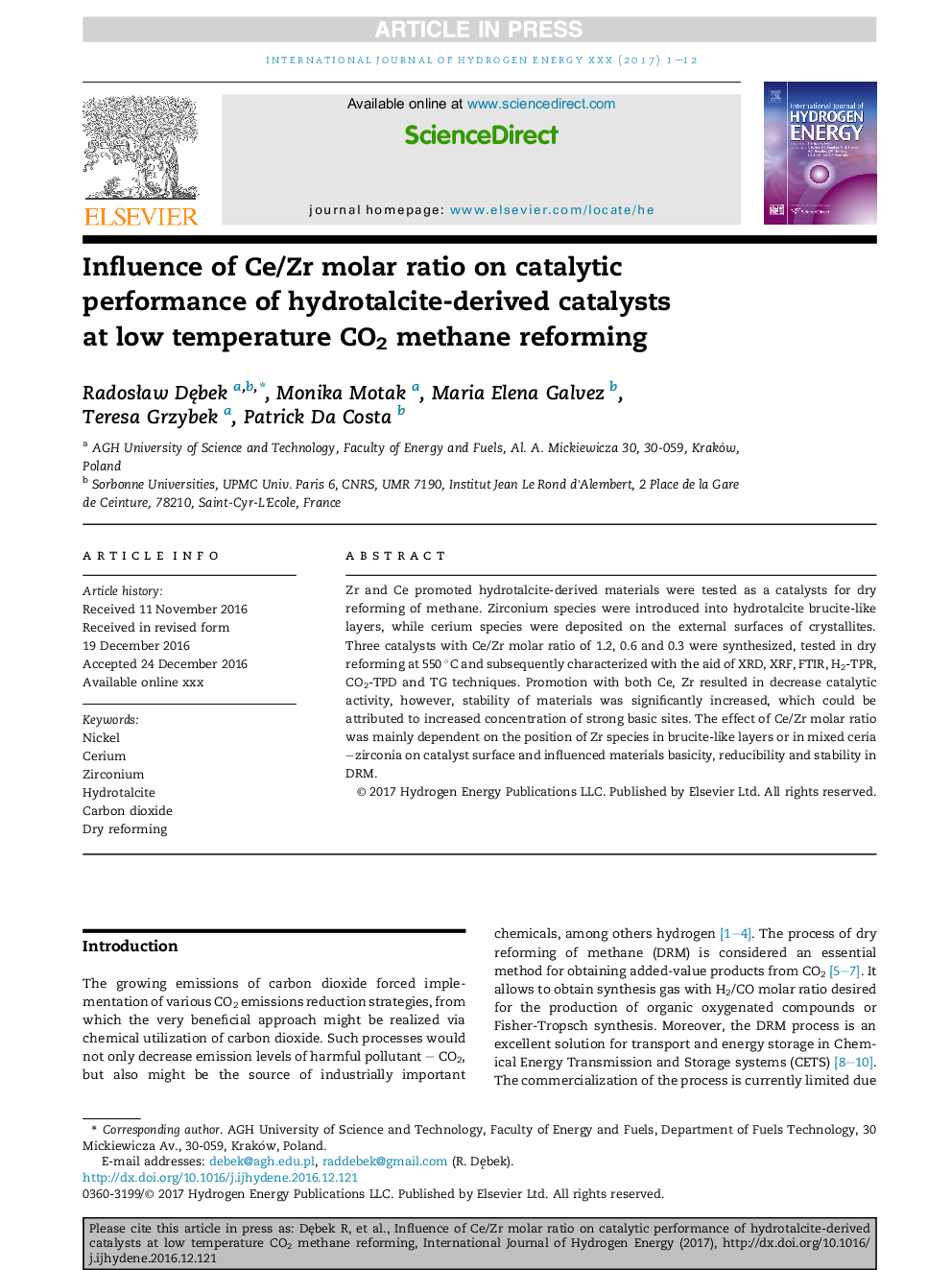 Influence of Ce/Zr molar ratio on catalytic performance of hydrotalcite-derived catalysts atÂ low temperature CO2 methane reforming