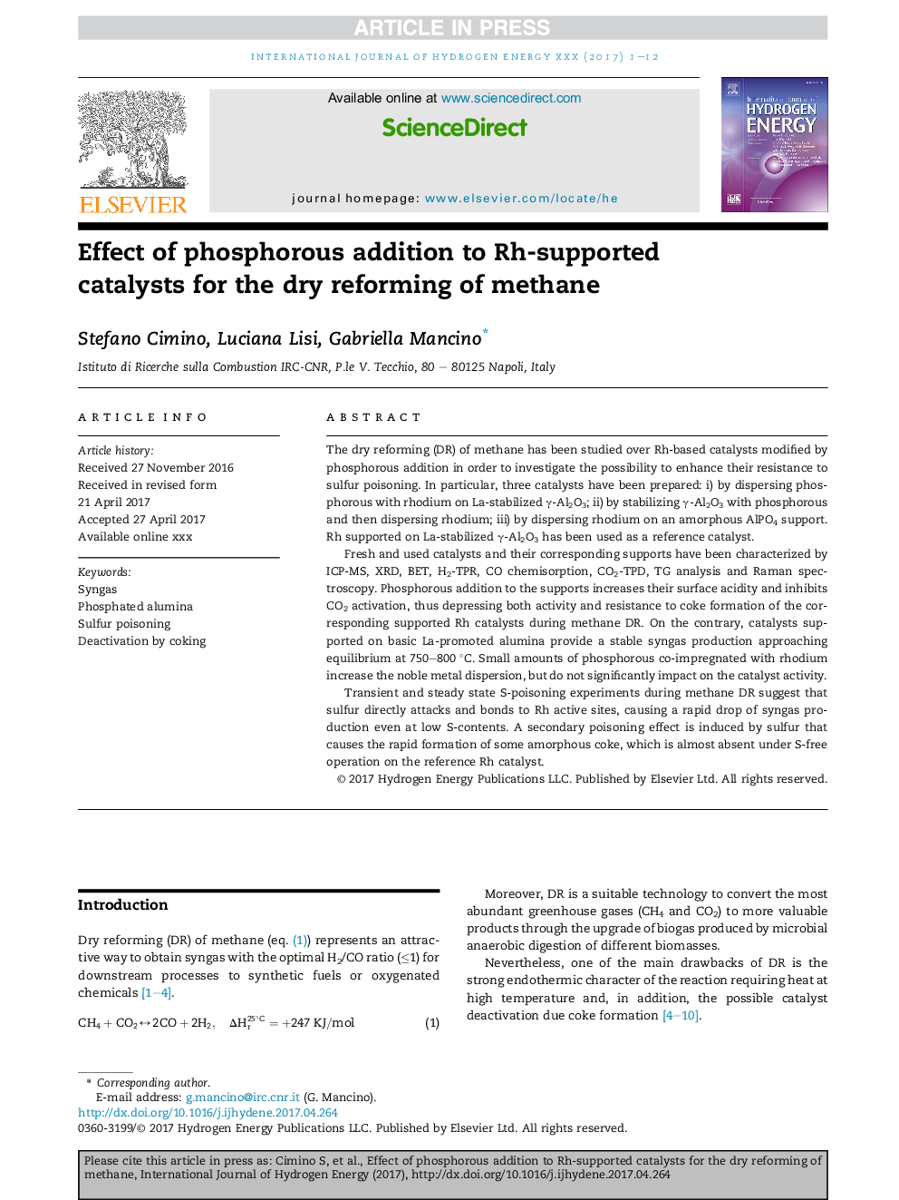 Effect of phosphorous addition to Rh-supported catalysts for the dry reforming of methane