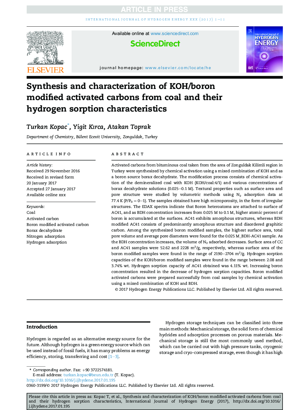 Synthesis and characterization of KOH/boron modified activated carbons from coal and their hydrogen sorption characteristics