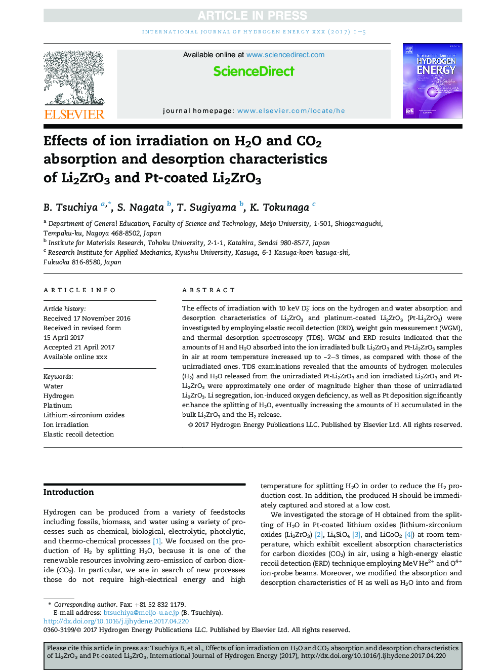 Effects of ion irradiation on H2O and CO2 absorptionÂ and desorption characteristics ofÂ Li2ZrO3 and Pt-coated Li2ZrO3