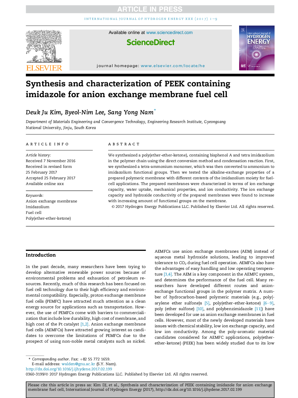 Synthesis and characterization of PEEK containing imidazole for anion exchange membrane fuel cell