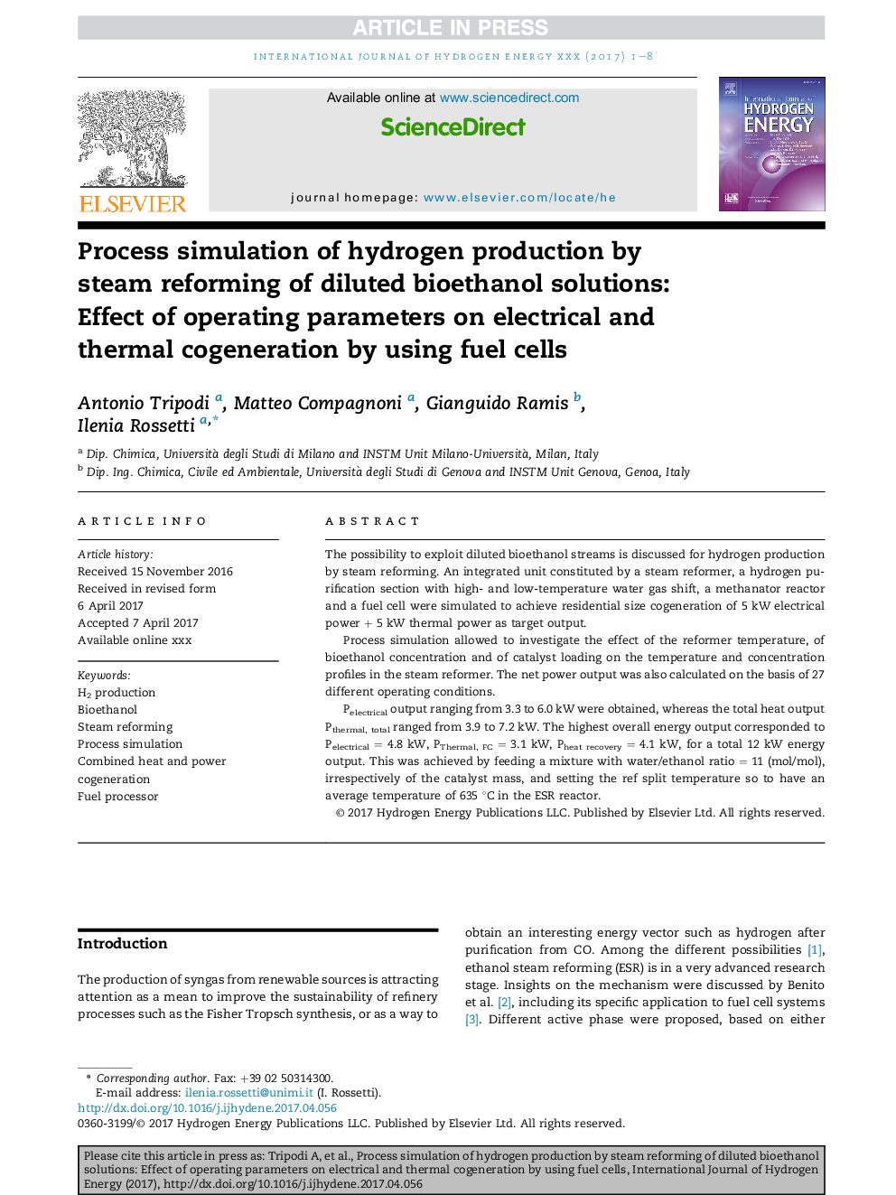 Process simulation of hydrogen production by steam reforming of diluted bioethanol solutions: Effect of operating parameters on electrical and thermal cogeneration by using fuel cells