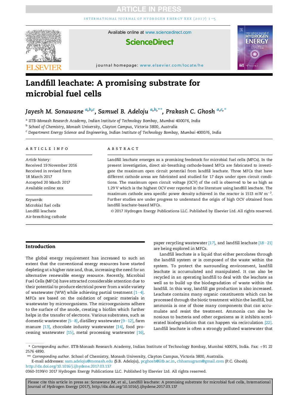 Landfill leachate: A promising substrate for microbial fuel cells