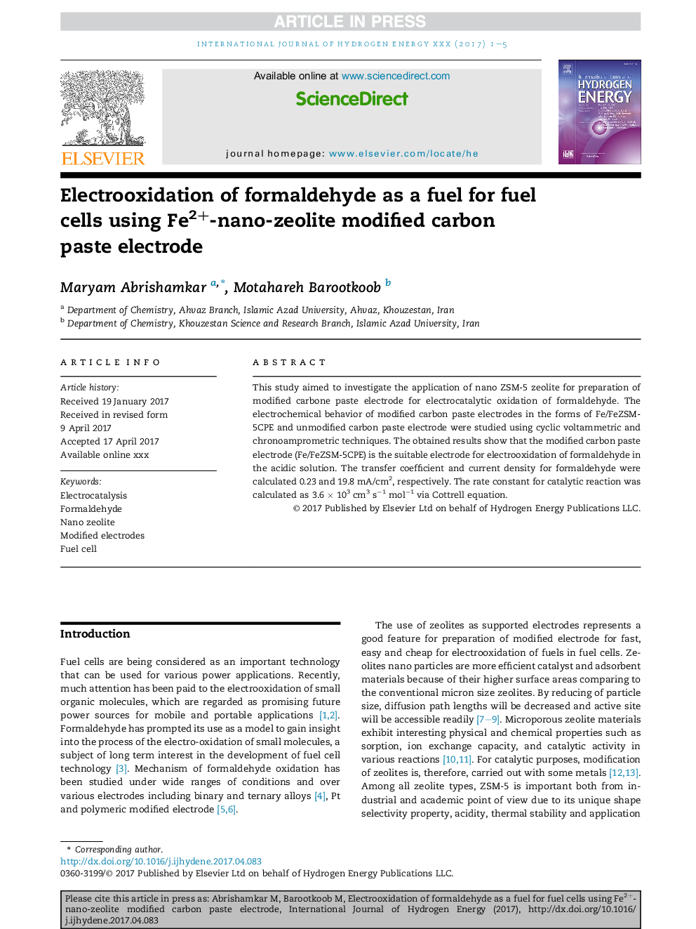 Electrooxidation of formaldehyde as a fuel for fuel cells using Fe2+-nano-zeolite modified carbon paste electrode