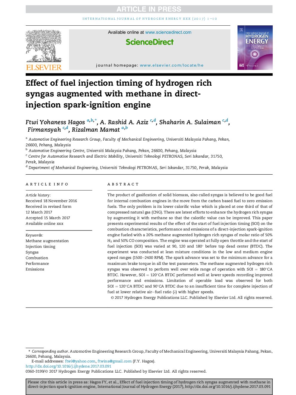 Effect of fuel injection timing of hydrogen rich syngas augmented with methane in direct-injection spark-ignition engine