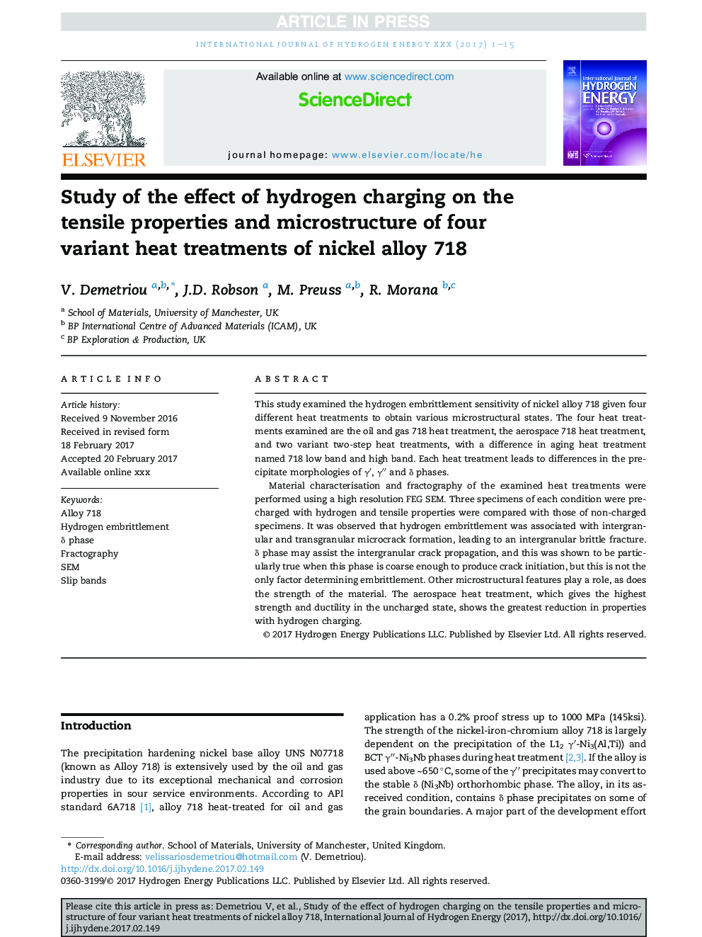 Study of the effect of hydrogen charging on the tensile properties and microstructure of four variant heat treatments of nickel alloy 718