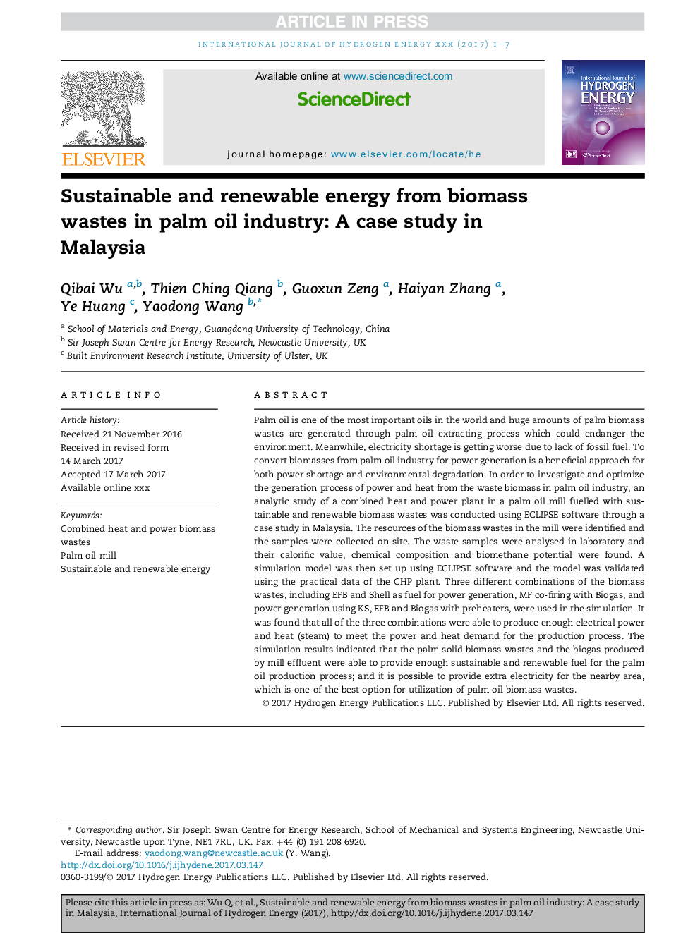 Sustainable and renewable energy from biomass wastes in palm oil industry: A case study in Malaysia