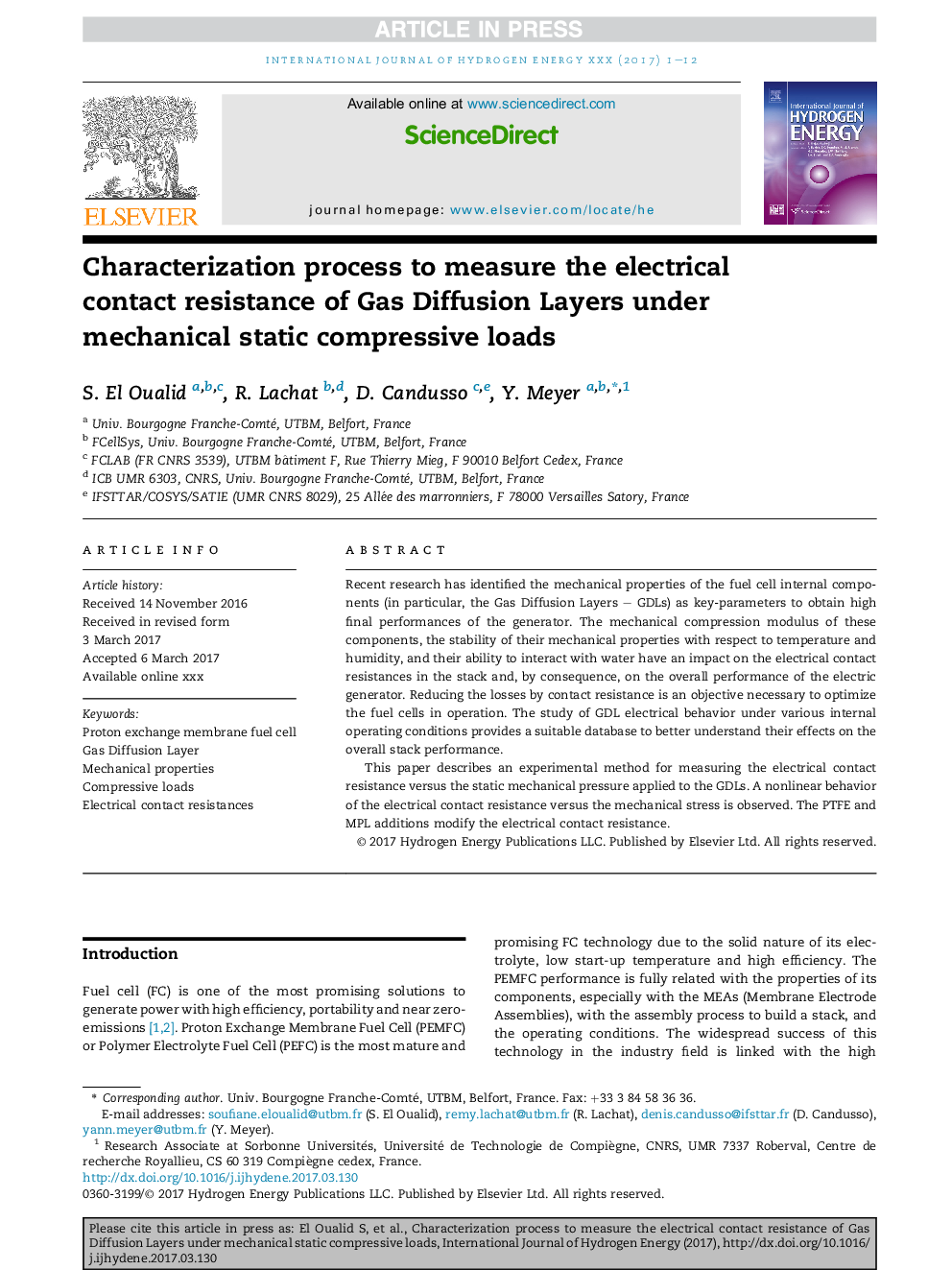 Characterization process to measure the electrical contact resistance of Gas Diffusion Layers under mechanical static compressive loads