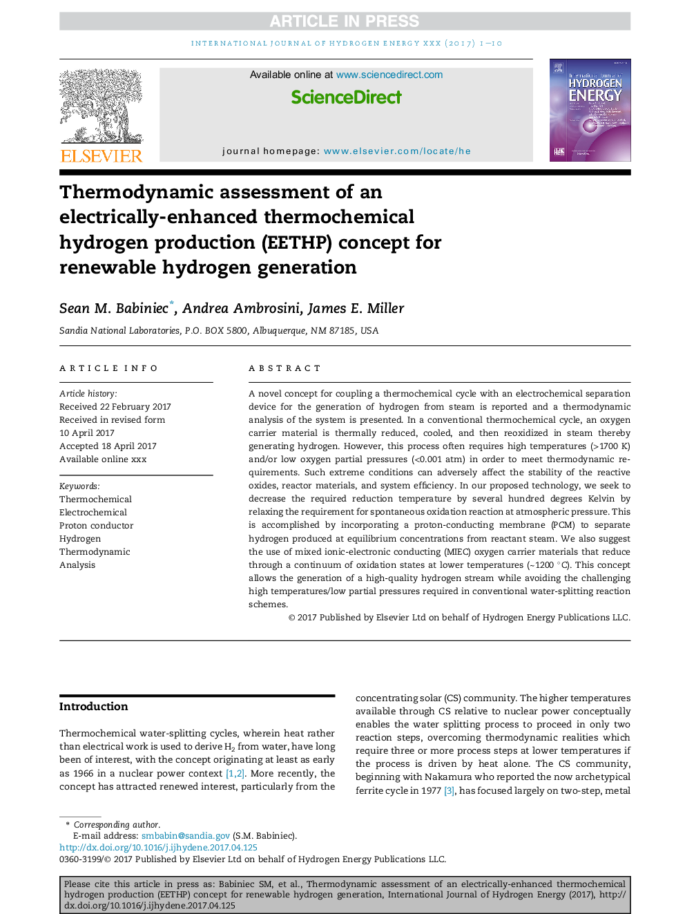 Thermodynamic assessment of an electrically-enhanced thermochemical hydrogenÂ production (EETHP) concept for renewable hydrogen generation