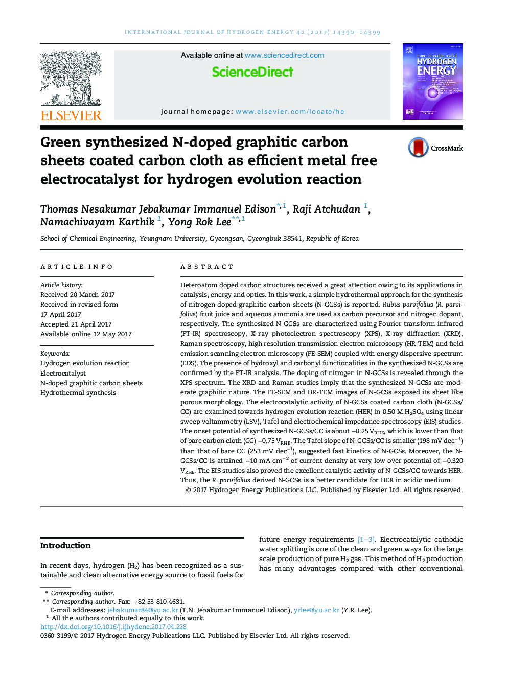 Green synthesized N-doped graphitic carbon sheets coated carbon cloth as efficient metal free electrocatalyst for hydrogen evolution reaction