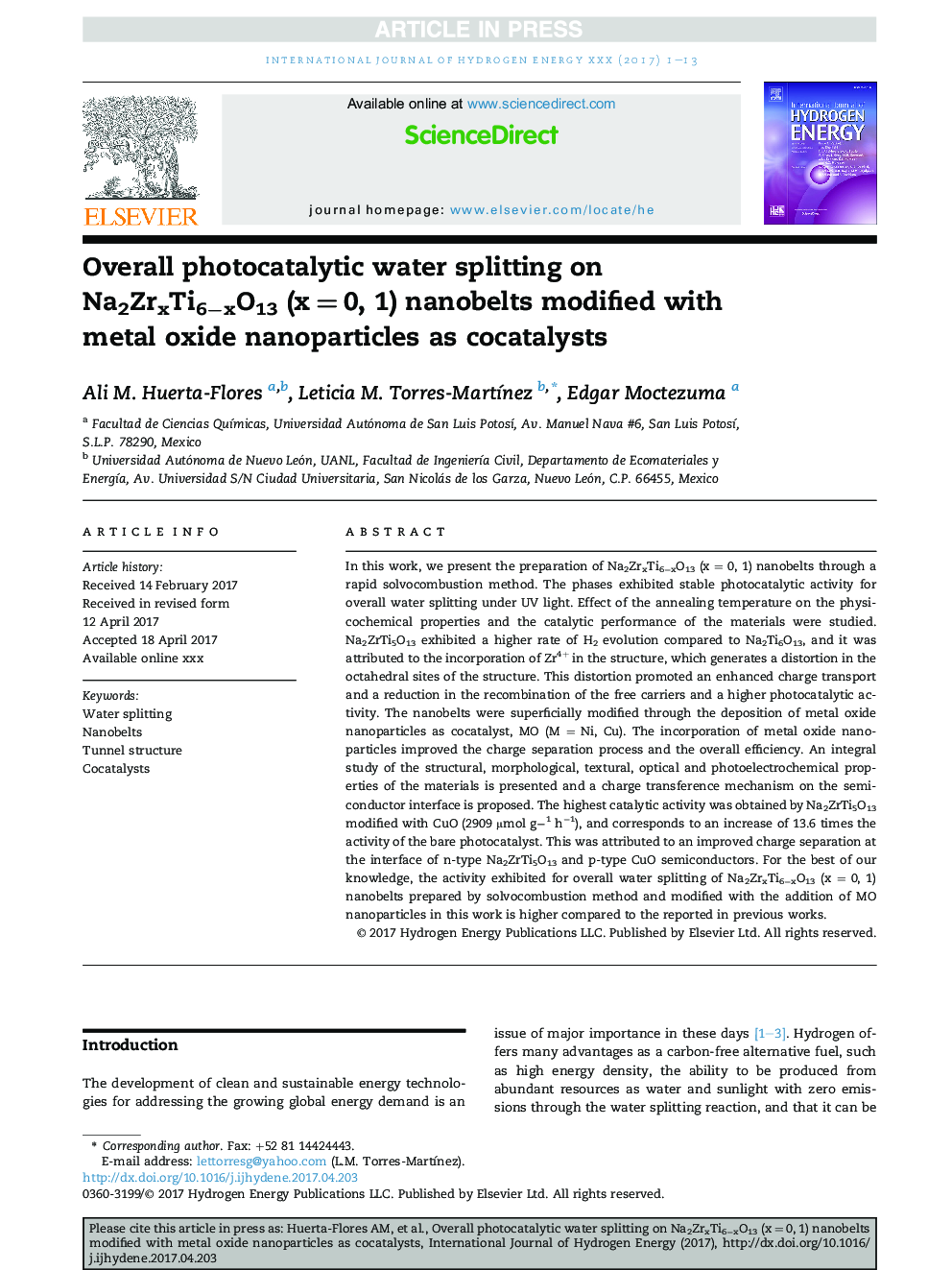 Overall photocatalytic water splitting on Na2ZrxTi6âxO13 (xÂ =Â 0, 1) nanobelts modified with metal oxide nanoparticles as cocatalysts