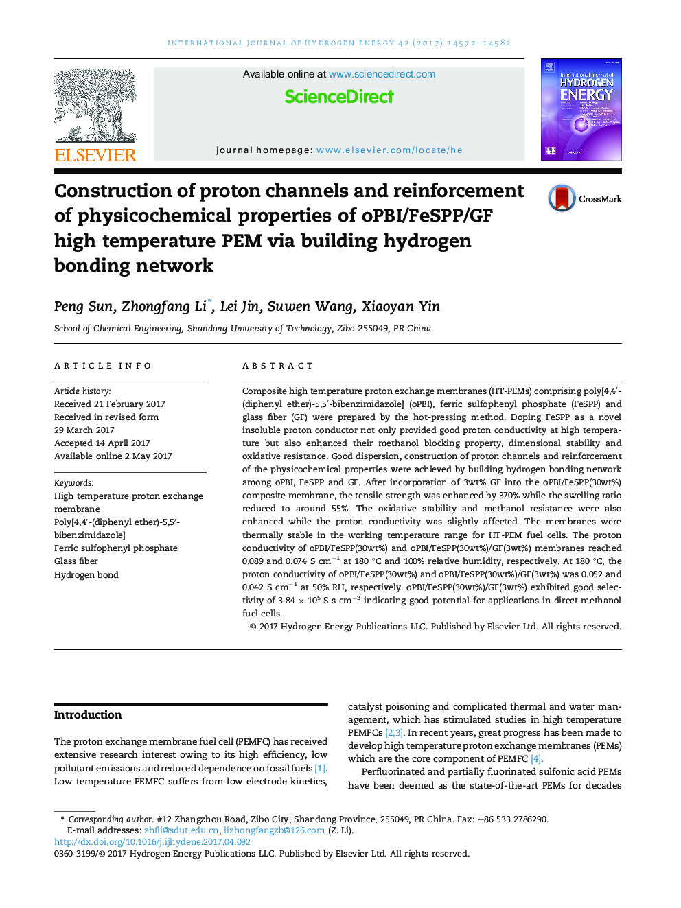 Construction of proton channels and reinforcement of physicochemical properties of oPBI/FeSPP/GF high temperature PEM via building hydrogen bonding network