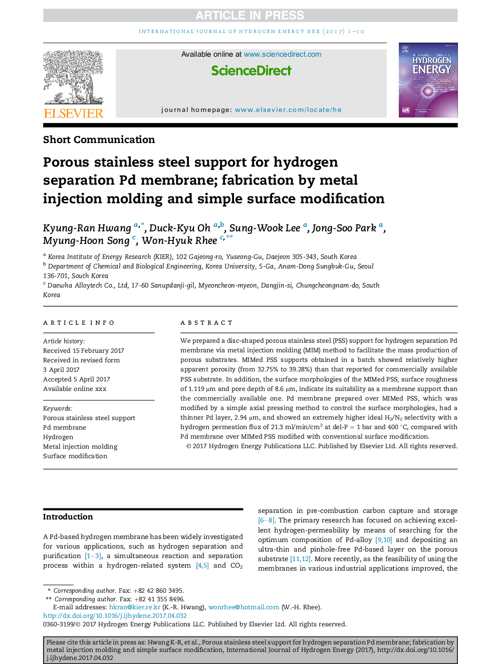 Porous stainless steel support for hydrogen separation Pd membrane; fabrication by metal injection molding and simple surface modification