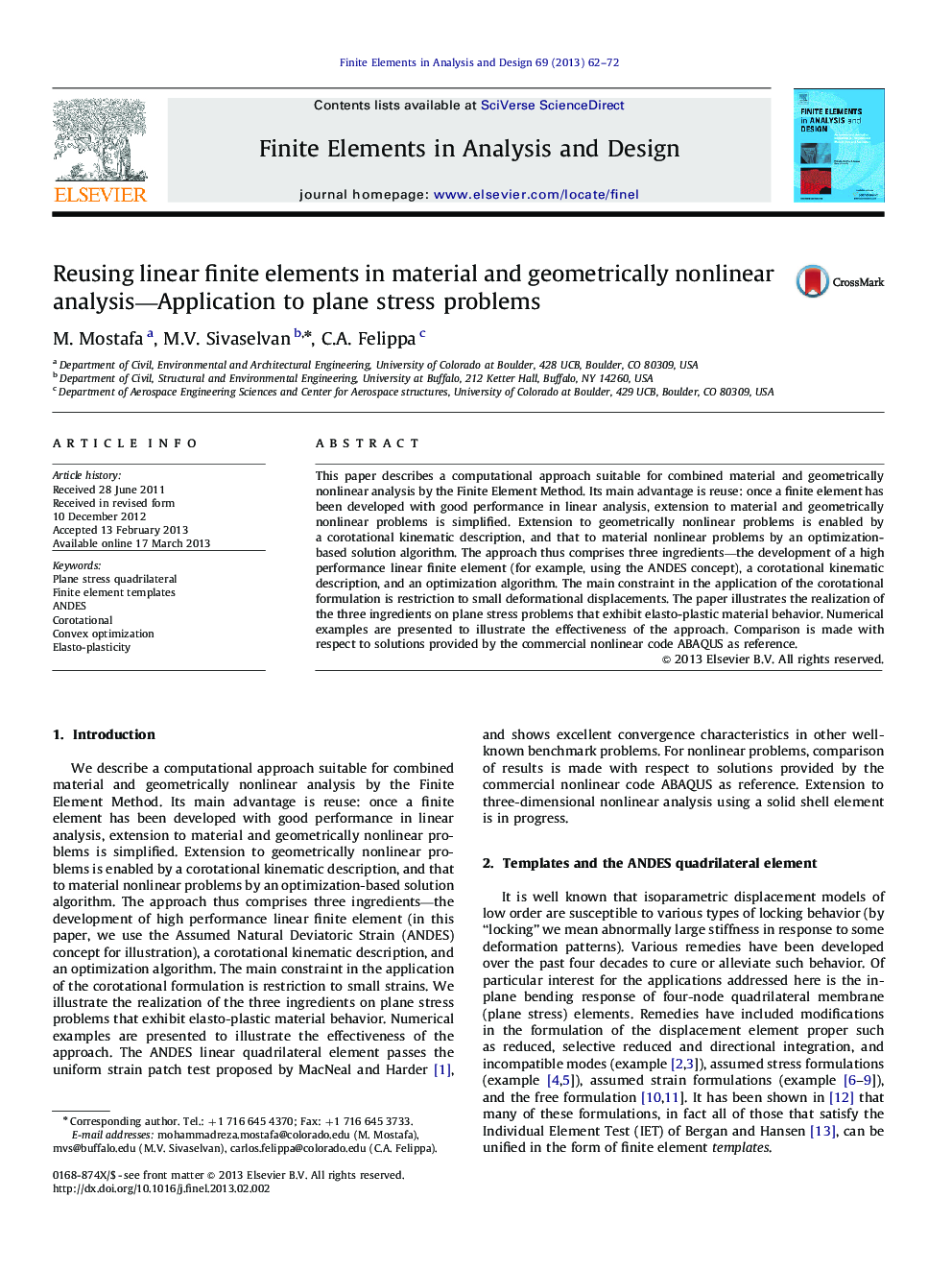 Reusing linear finite elements in material and geometrically nonlinear analysis—Application to plane stress problems