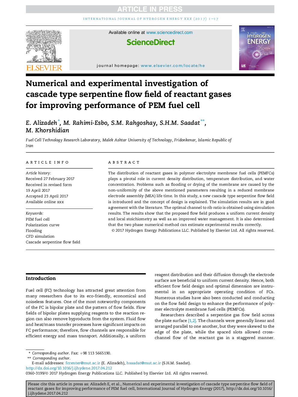 Numerical and experimental investigation of cascade type serpentine flow field of reactant gases for improving performance of PEM fuel cell