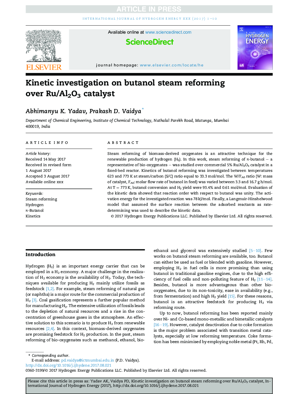 Kinetic investigation on butanol steam reforming over Ru/Al2O3 catalyst