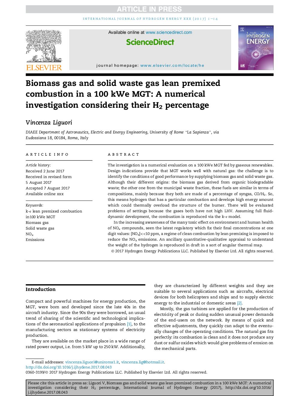 Biomass gas and solid waste gas lean premixed combustion in a 100 kWe MGT: A numerical investigation considering their H2 percentage