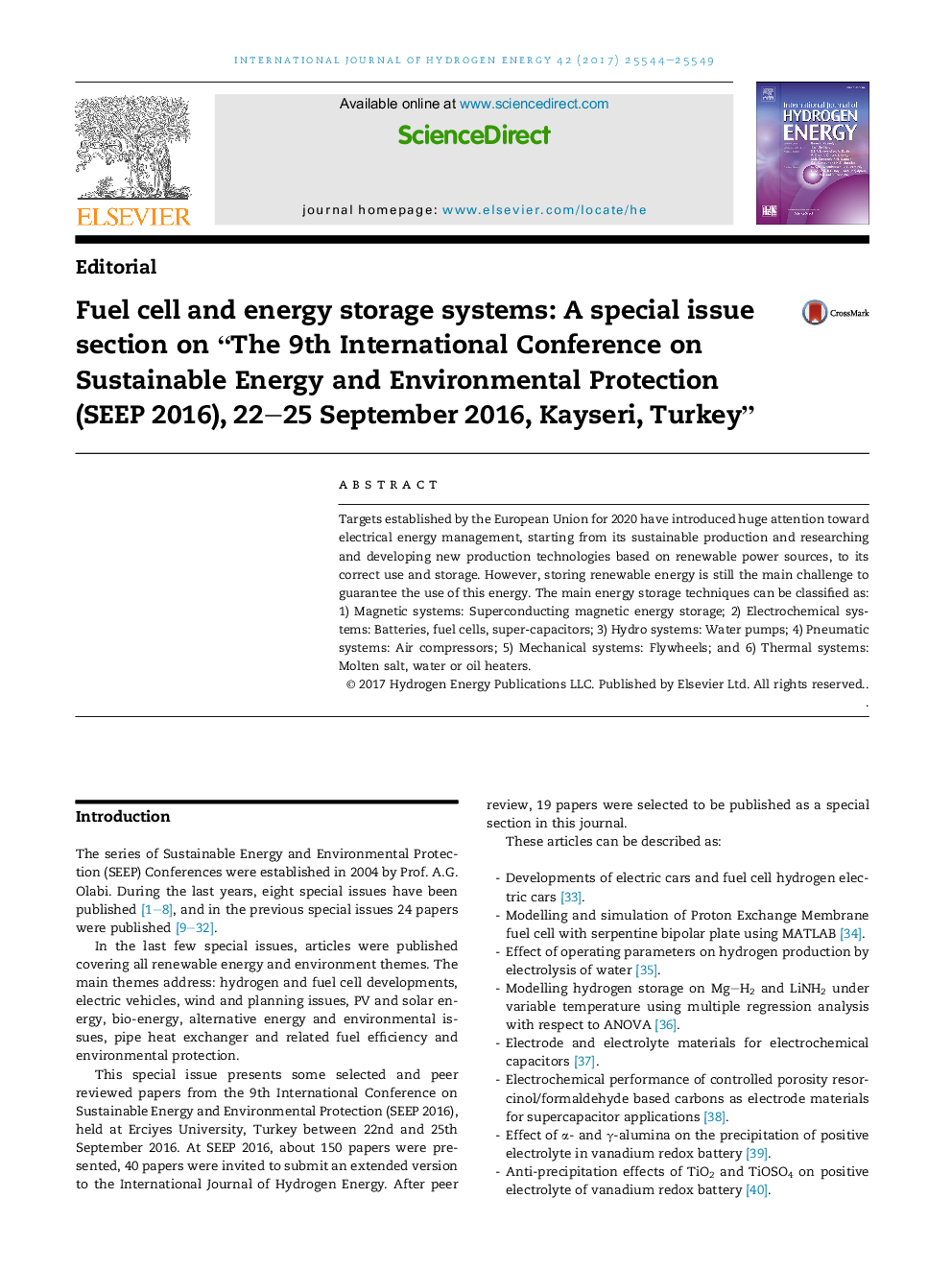 Fuel cell and energy storage systems: A special issue section on “The 9th International Conference on Sustainable Energy and Environmental Protection (SEEP 2016), 22-25 September 2016, Kayseri, Turkey”