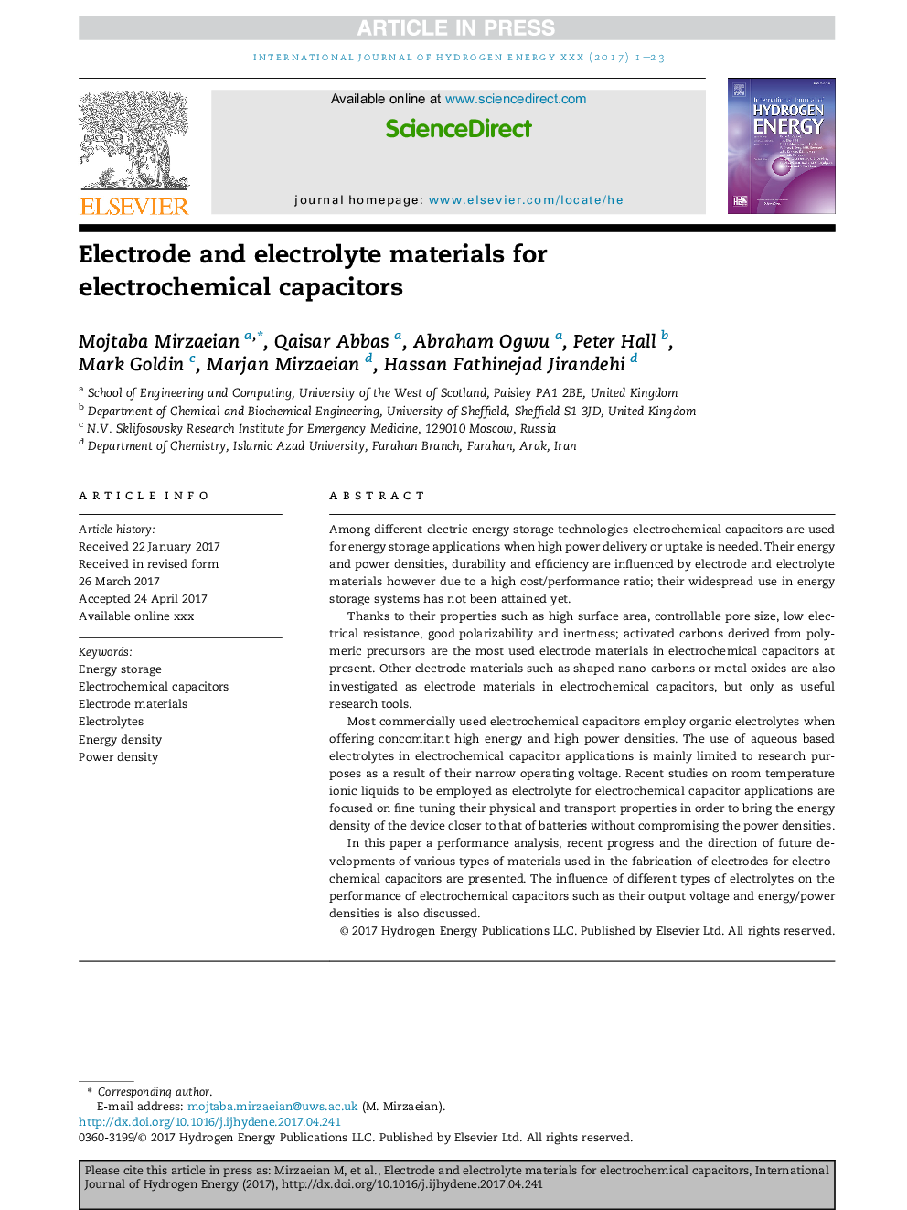 Electrode and electrolyte materials for electrochemical capacitors