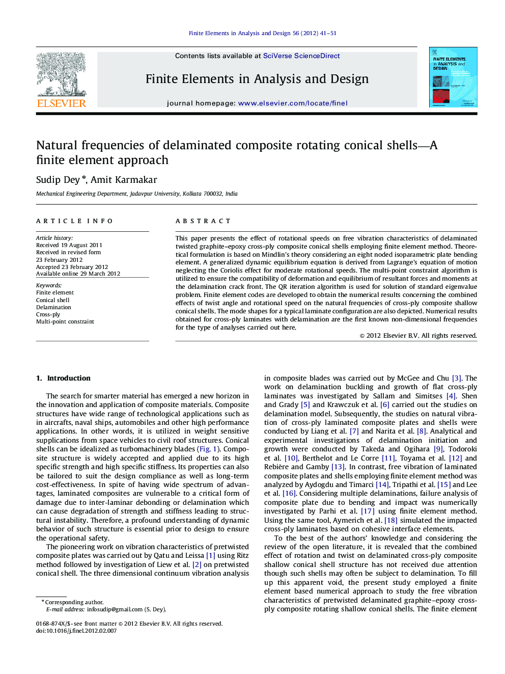 Natural frequencies of delaminated composite rotating conical shells—A finite element approach