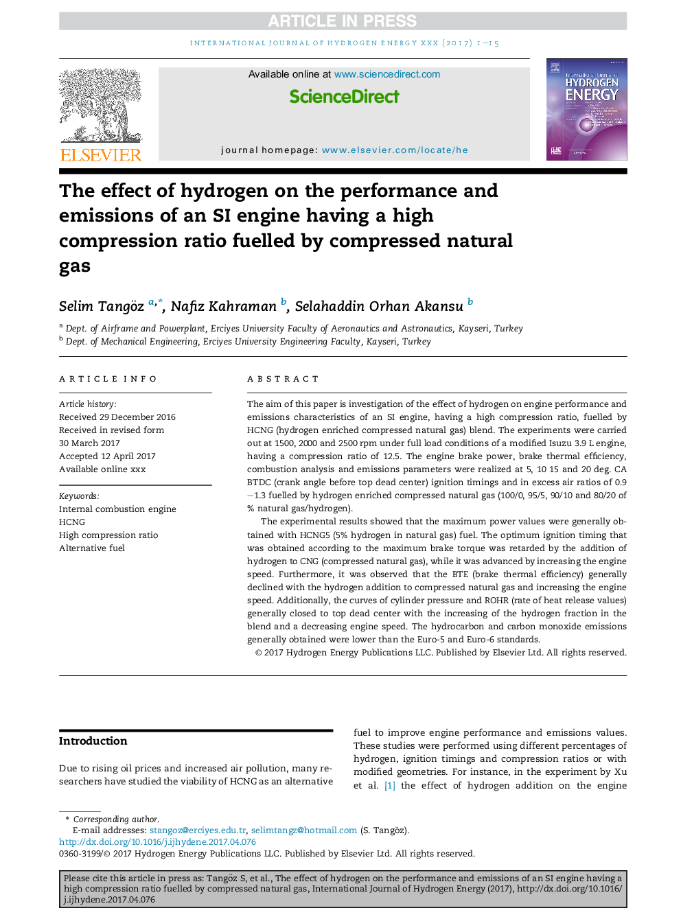 The effect of hydrogen on the performance and emissions of an SI engine having a high compression ratio fuelled by compressed natural gas