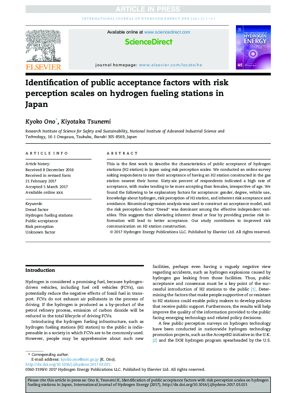 Identification of public acceptance factors with risk perception scales on hydrogen fueling stations in Japan