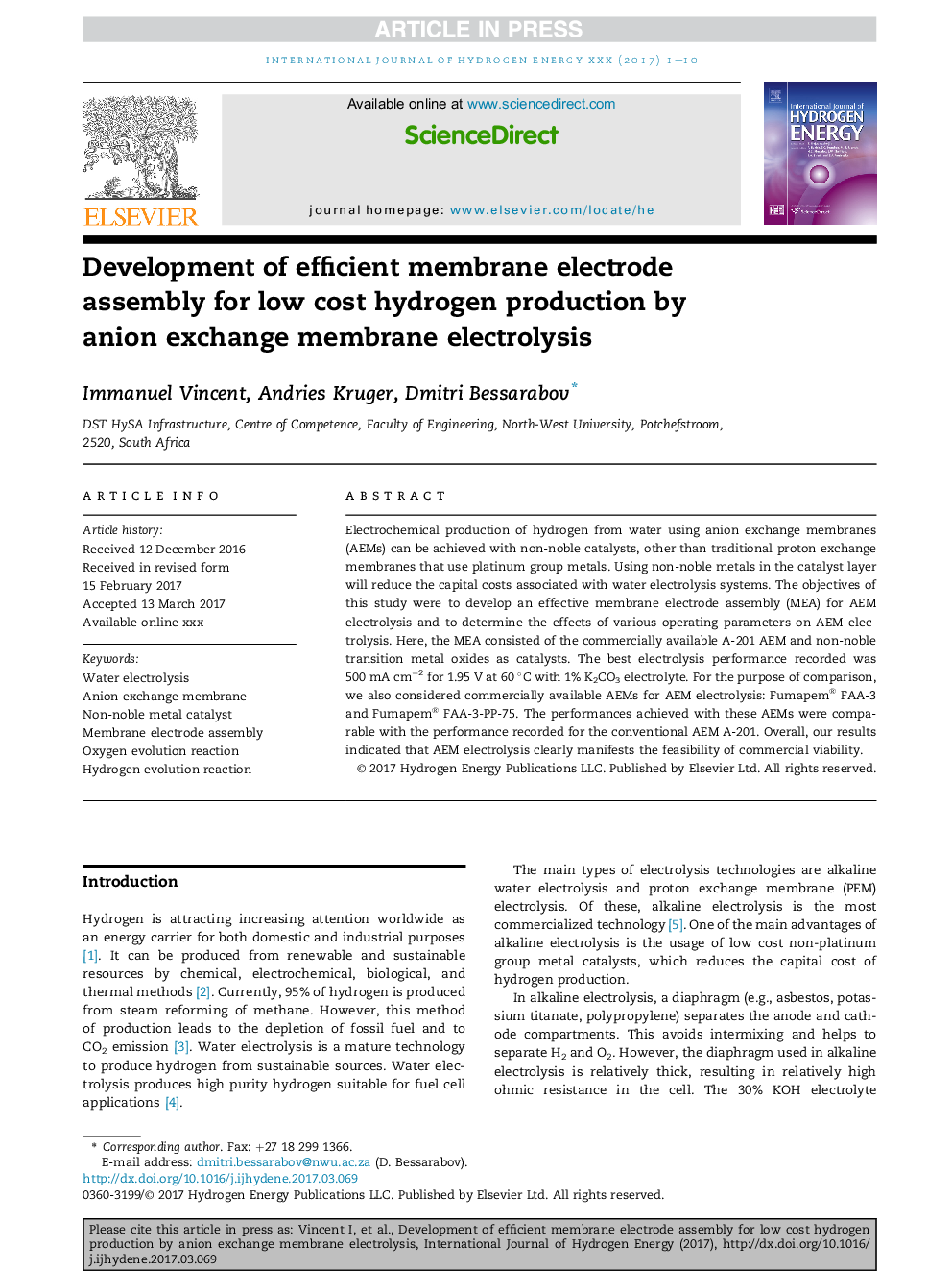 Development of efficient membrane electrode assembly for low cost hydrogen production by anion exchange membrane electrolysis