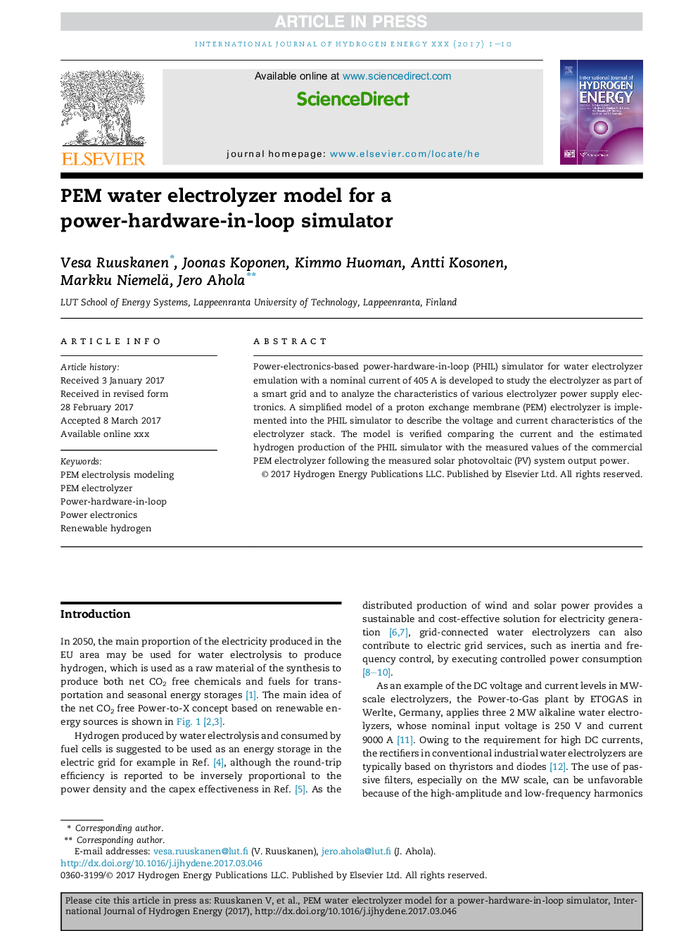 PEM water electrolyzer model for a power-hardware-in-loop simulator