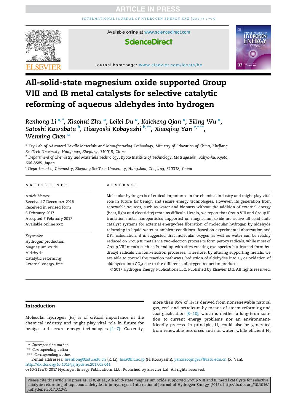 All-solid-state magnesium oxide supported Group VIII and IB metal catalysts for selective catalytic reforming of aqueous aldehydes into hydrogen