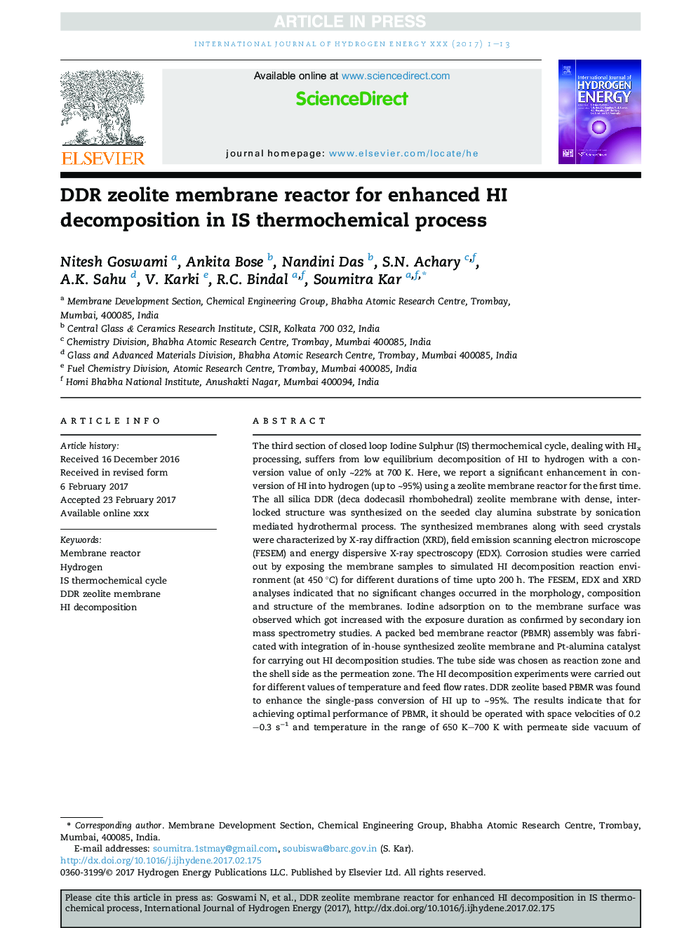 DDR zeolite membrane reactor for enhanced HI decomposition in IS thermochemical process