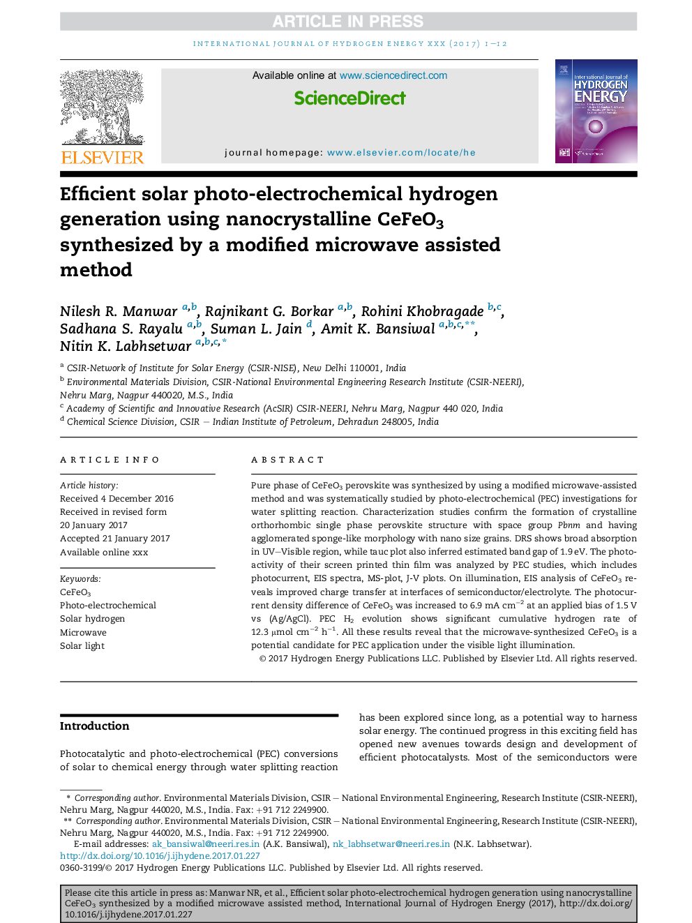 Efficient solar photo-electrochemical hydrogen generation using nanocrystalline CeFeO3 synthesized by a modified microwave assisted method