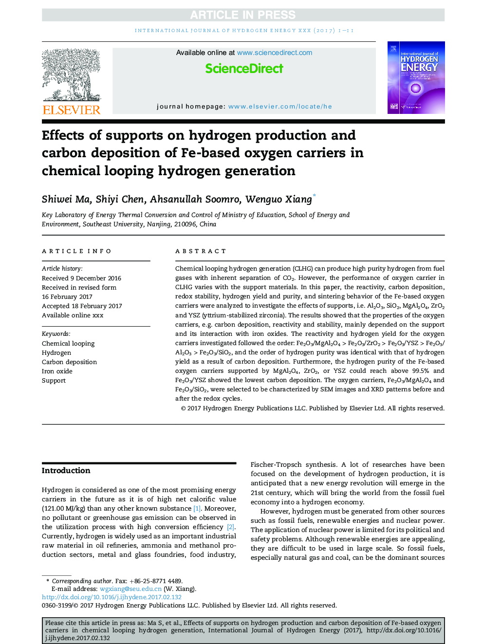 Effects of supports on hydrogen production and carbon deposition of Fe-based oxygen carriers in chemical looping hydrogen generation