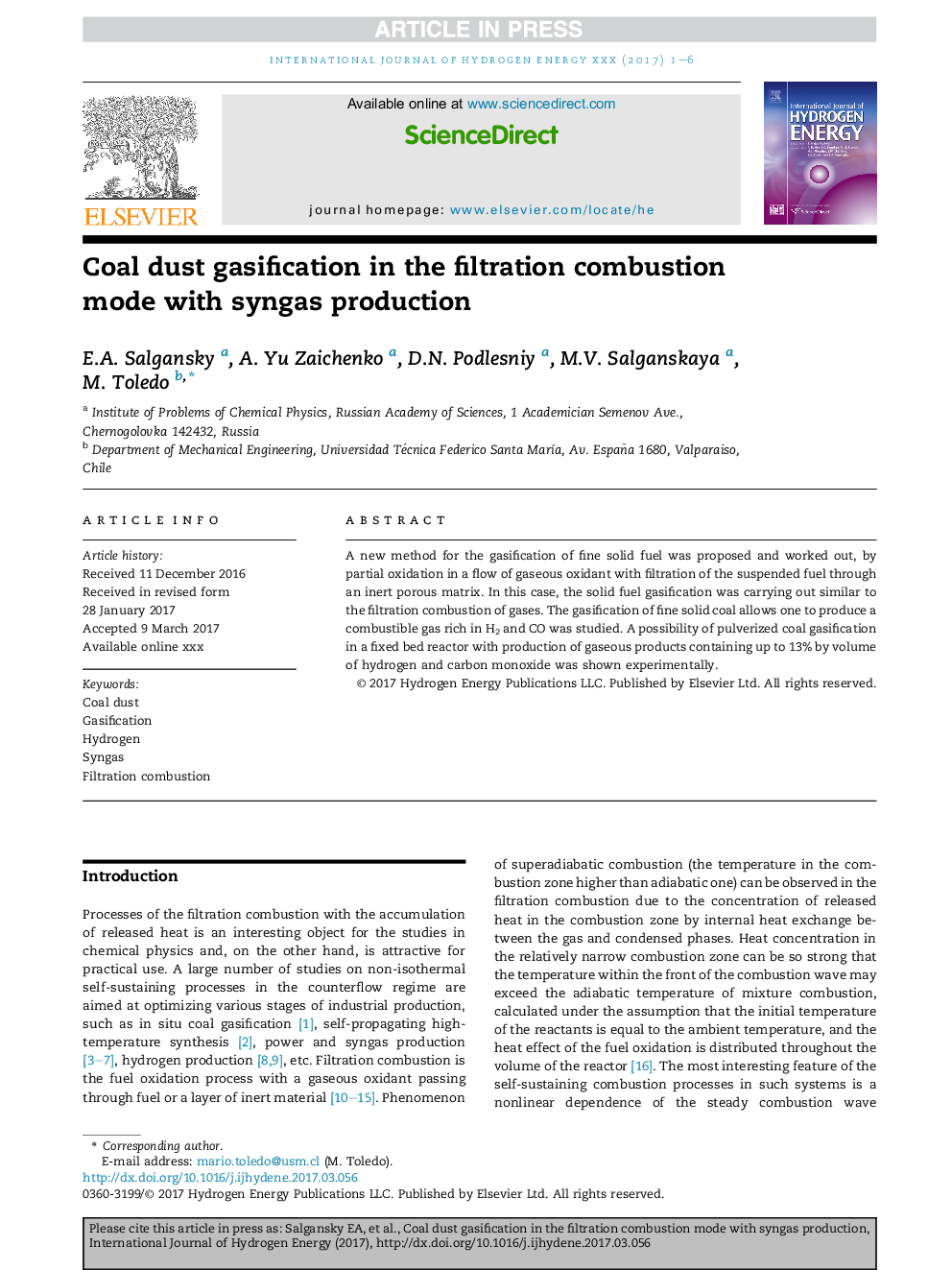 Coal dust gasification in the filtration combustion mode with syngas production