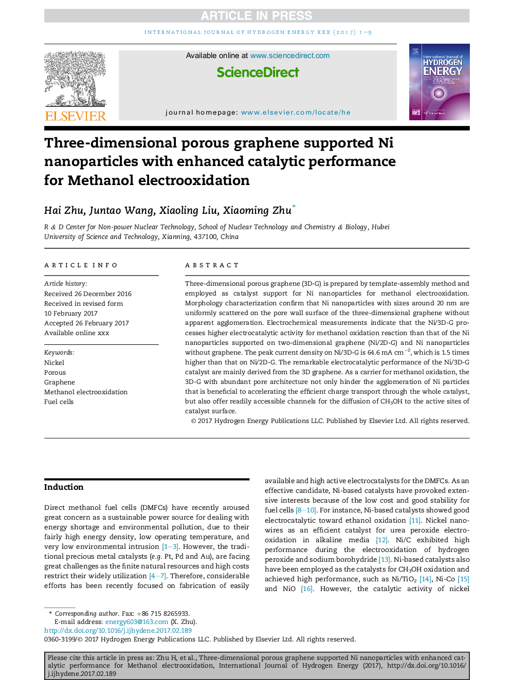 Three-dimensional porous graphene supported Ni nanoparticles with enhanced catalytic performance for Methanol electrooxidation