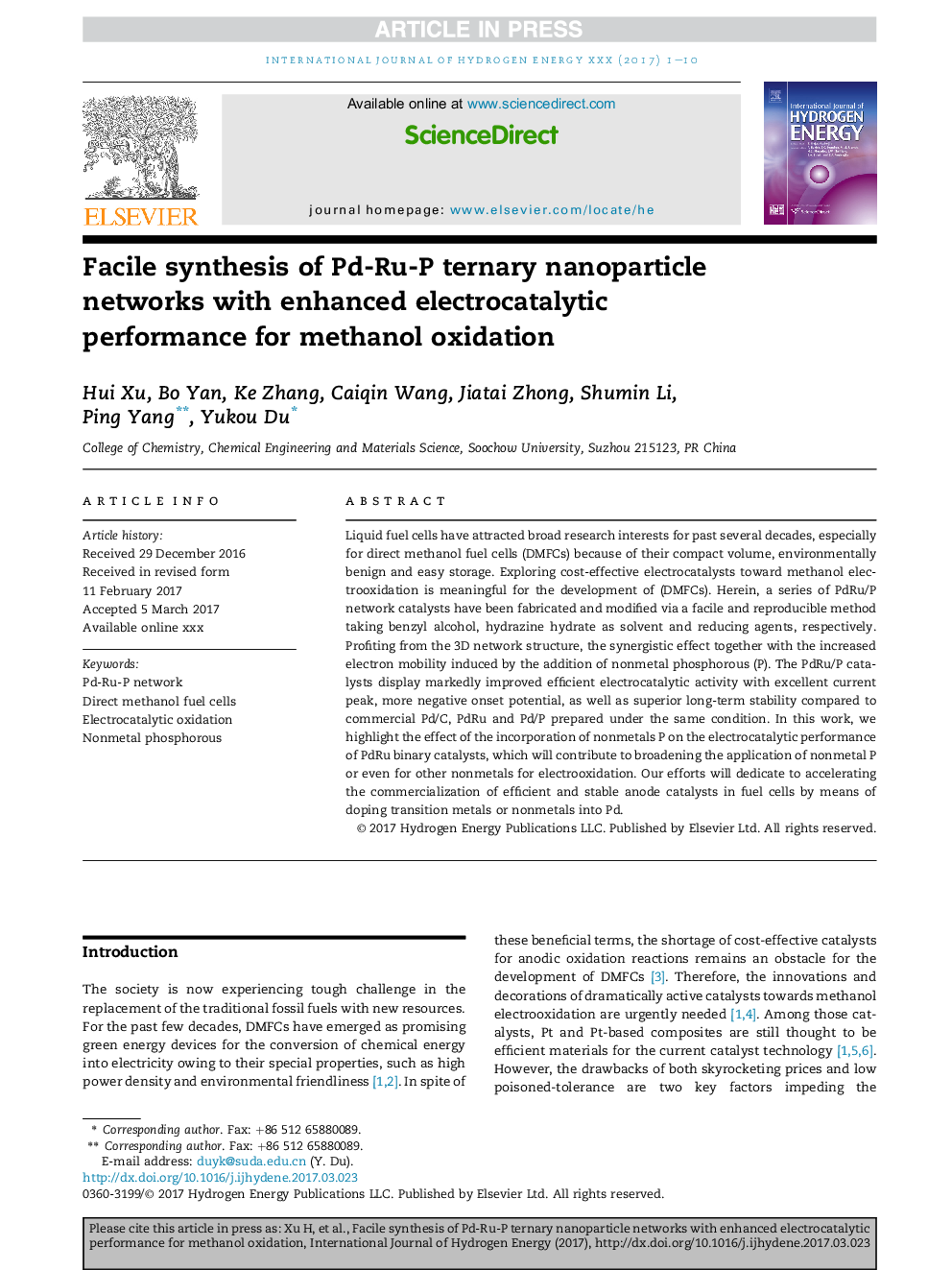 Facile synthesis of Pd-Ru-P ternary nanoparticle networks with enhanced electrocatalytic performance for methanol oxidation