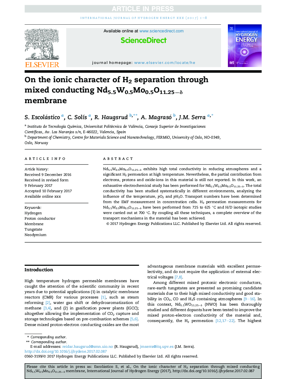 On the ionic character of H2 separation through mixed conducting Nd5.5W0.5Mo0.5O11.25âÎ´ membrane