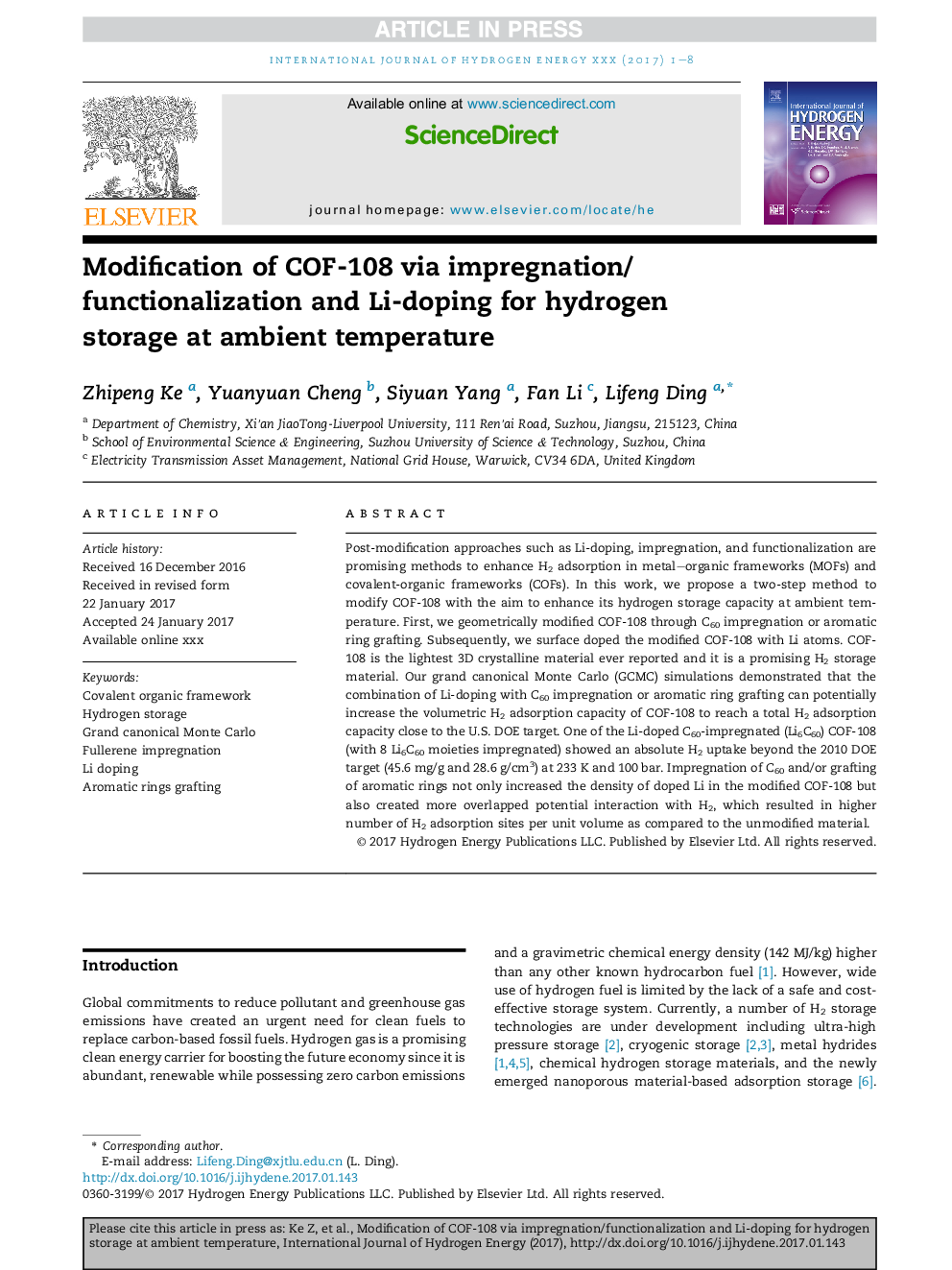 Modification of COF-108 via impregnation/functionalization and Li-doping for hydrogen storage at ambient temperature