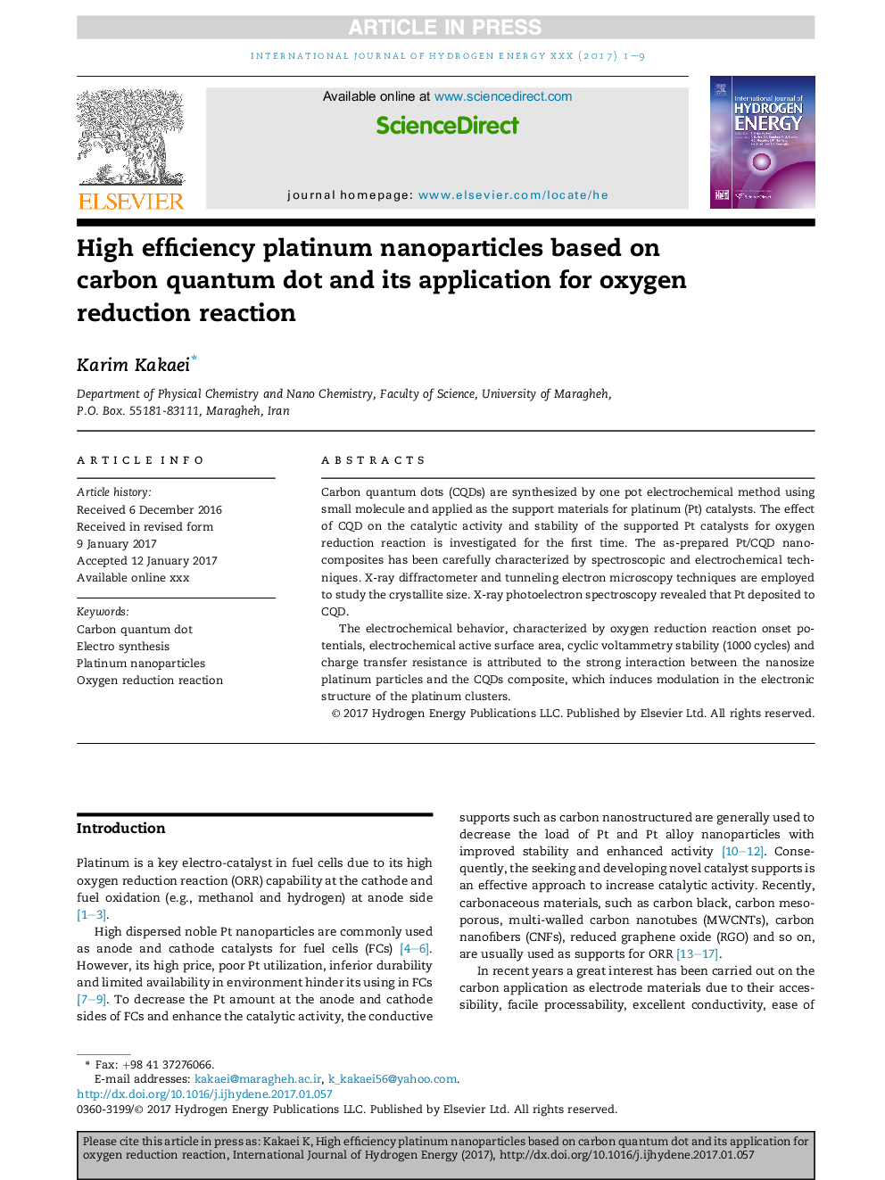 High efficiency platinum nanoparticles based on carbon quantum dot and its application for oxygen reduction reaction