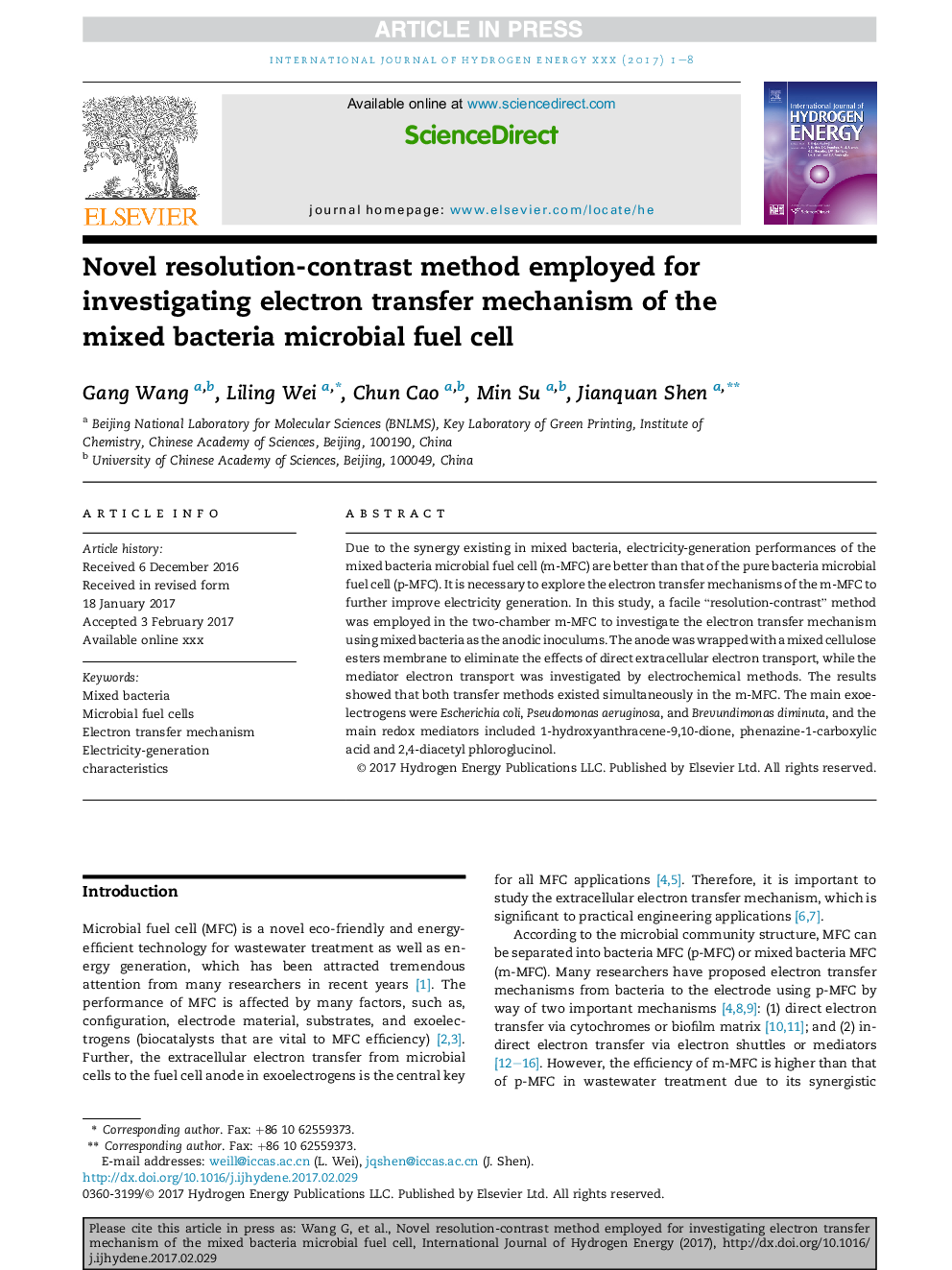 Novel resolution-contrast method employed for investigating electron transfer mechanism of the mixed bacteria microbial fuel cell