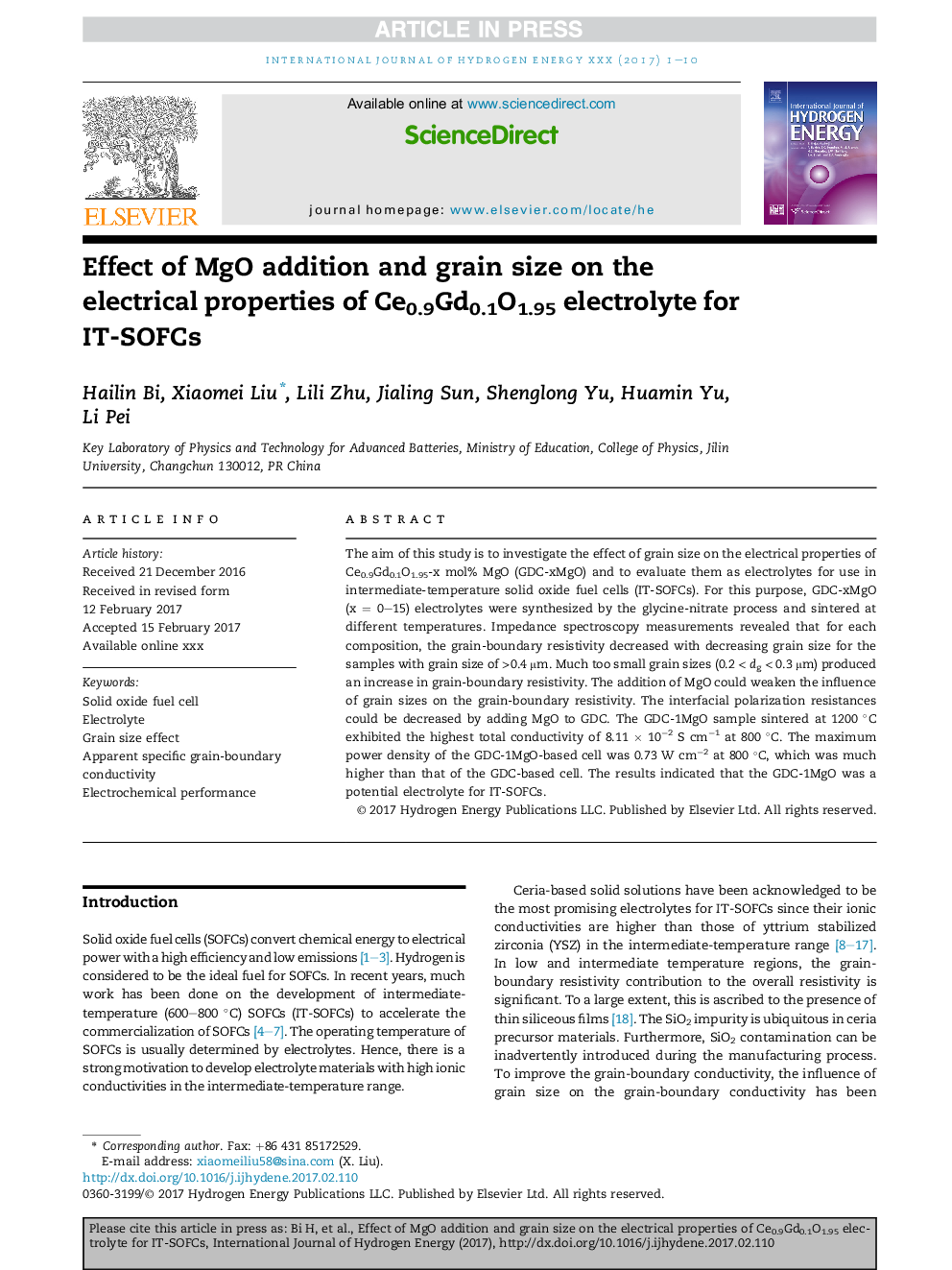 Effect of MgO addition and grain size on the electrical properties of Ce0.9Gd0.1O1.95 electrolyte for IT-SOFCs