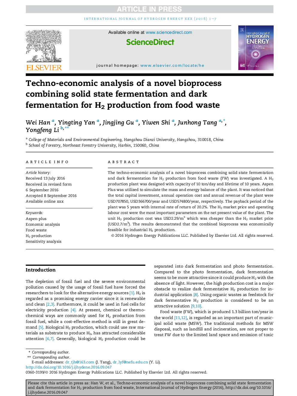 Techno-economic analysis of a novel bioprocess combining solid state fermentation and dark fermentation for H2 production from food waste