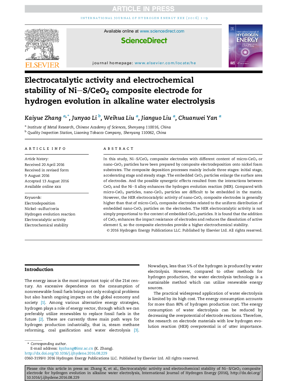 Electrocatalytic activity and electrochemical stability of Ni-S/CeO2 composite electrode for hydrogen evolution in alkaline water electrolysis