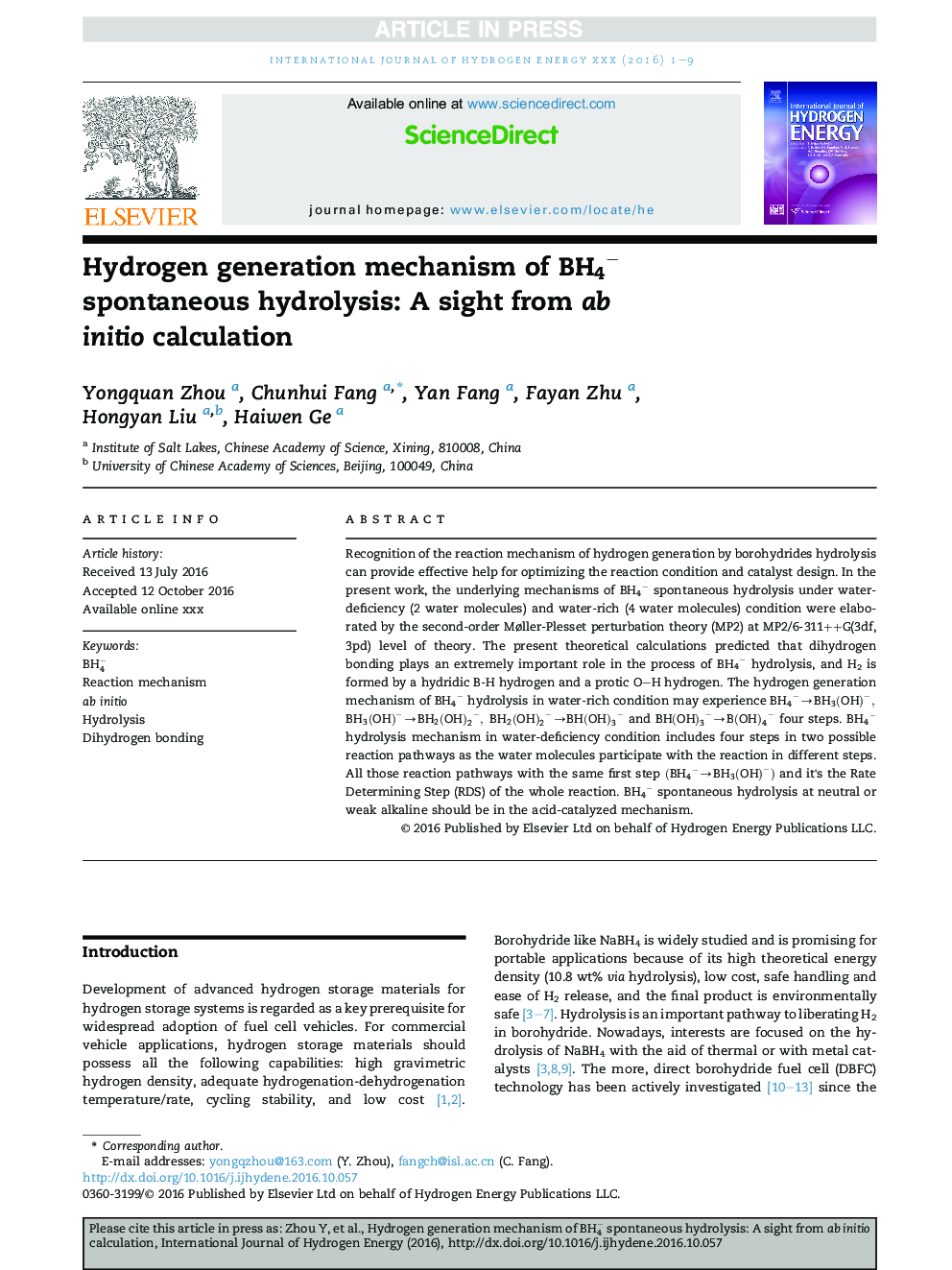 Hydrogen generation mechanism of BH4â spontaneous hydrolysis: A sight from ab initio calculation