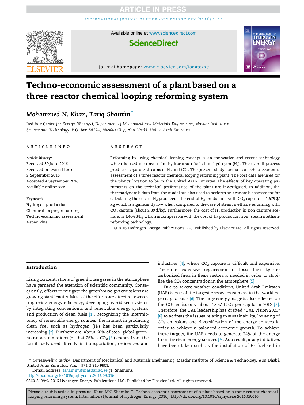 Techno-economic assessment of a plant based on a three reactor chemical looping reforming system