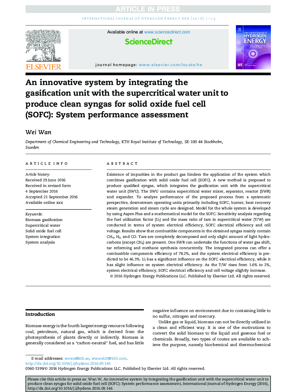 An innovative system by integrating the gasification unit with the supercritical water unit to produce clean syngas for solid oxide fuel cell (SOFC): System performance assessment