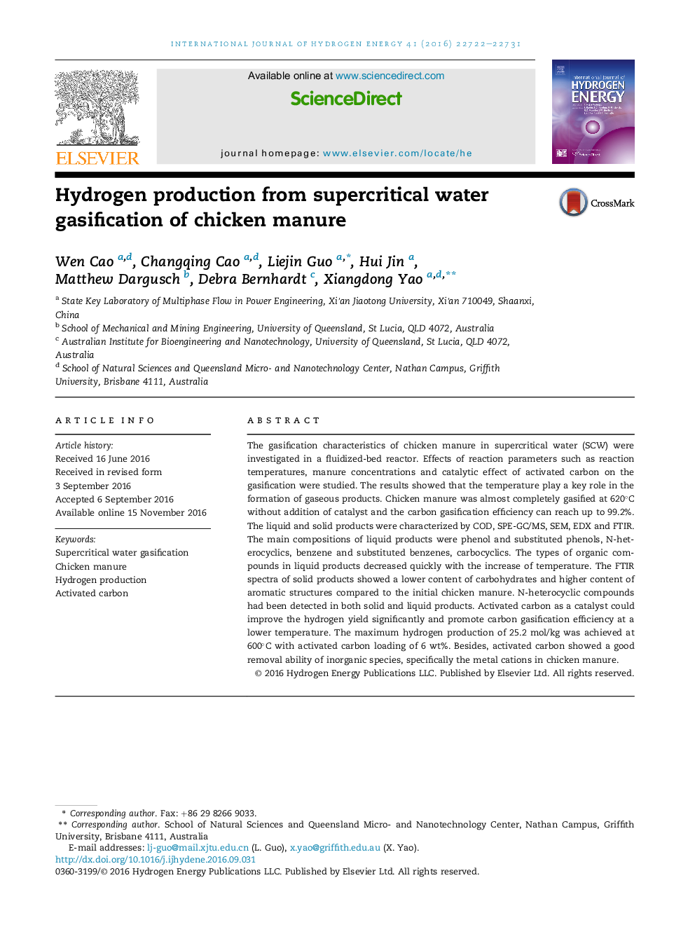 Hydrogen production from supercritical water gasification of chicken manure