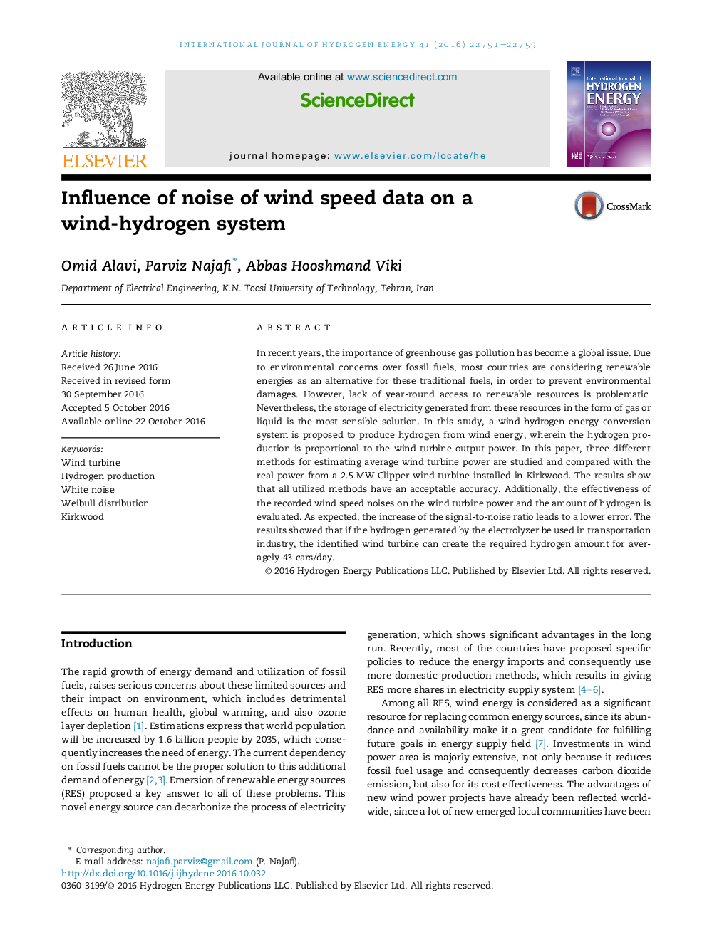 Influence of noise of wind speed data on a wind-hydrogen system