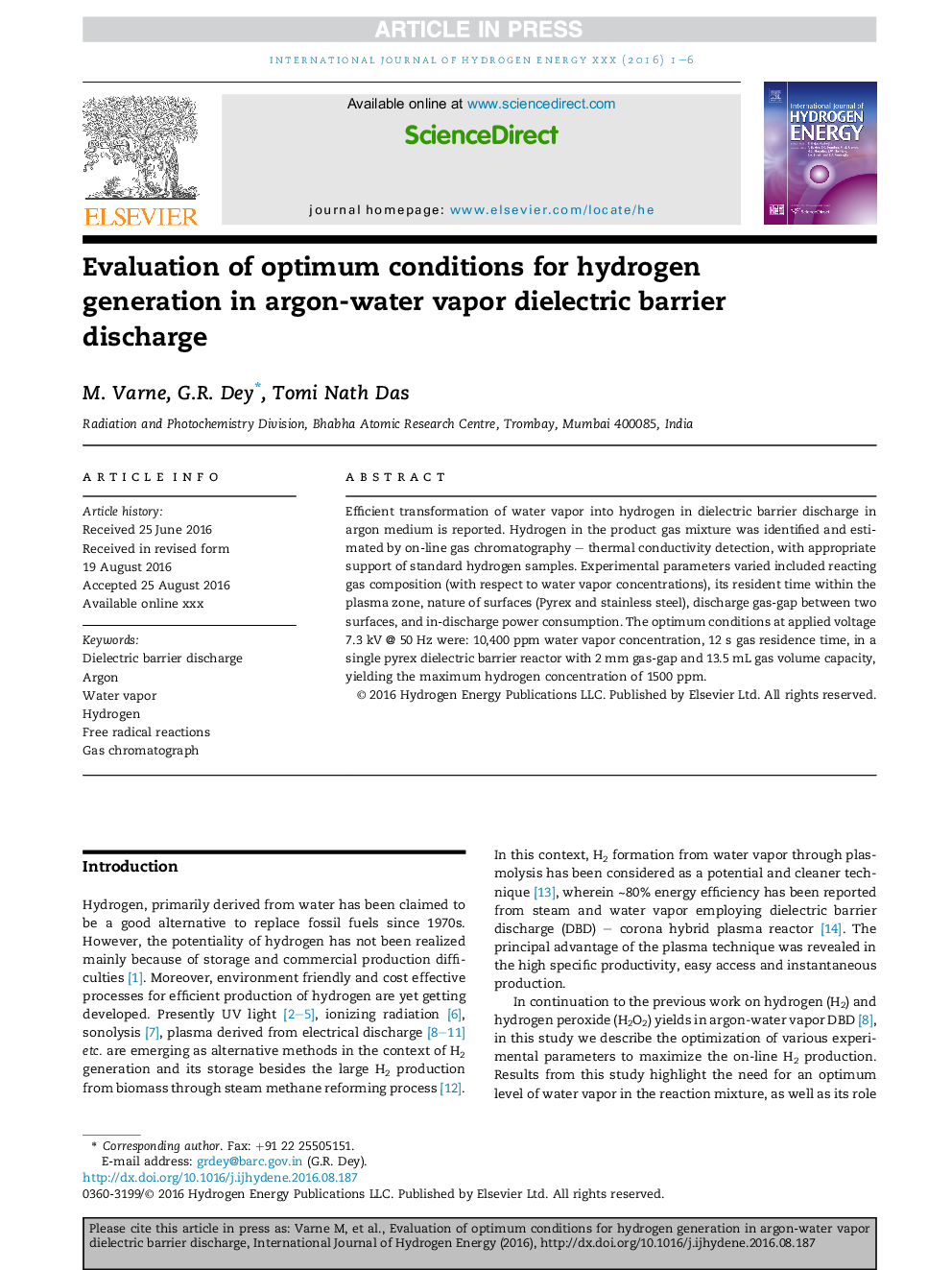 Evaluation of optimum conditions for hydrogen generation in argon-water vapor dielectric barrier discharge