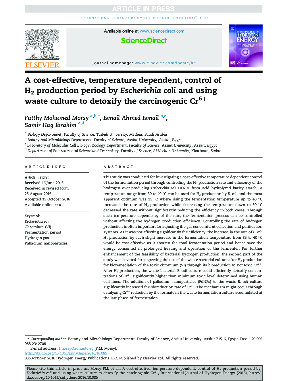 A cost-effective, temperature dependent, control of H2 production period by Escherichia coli and using waste culture to detoxify the carcinogenic Cr6+