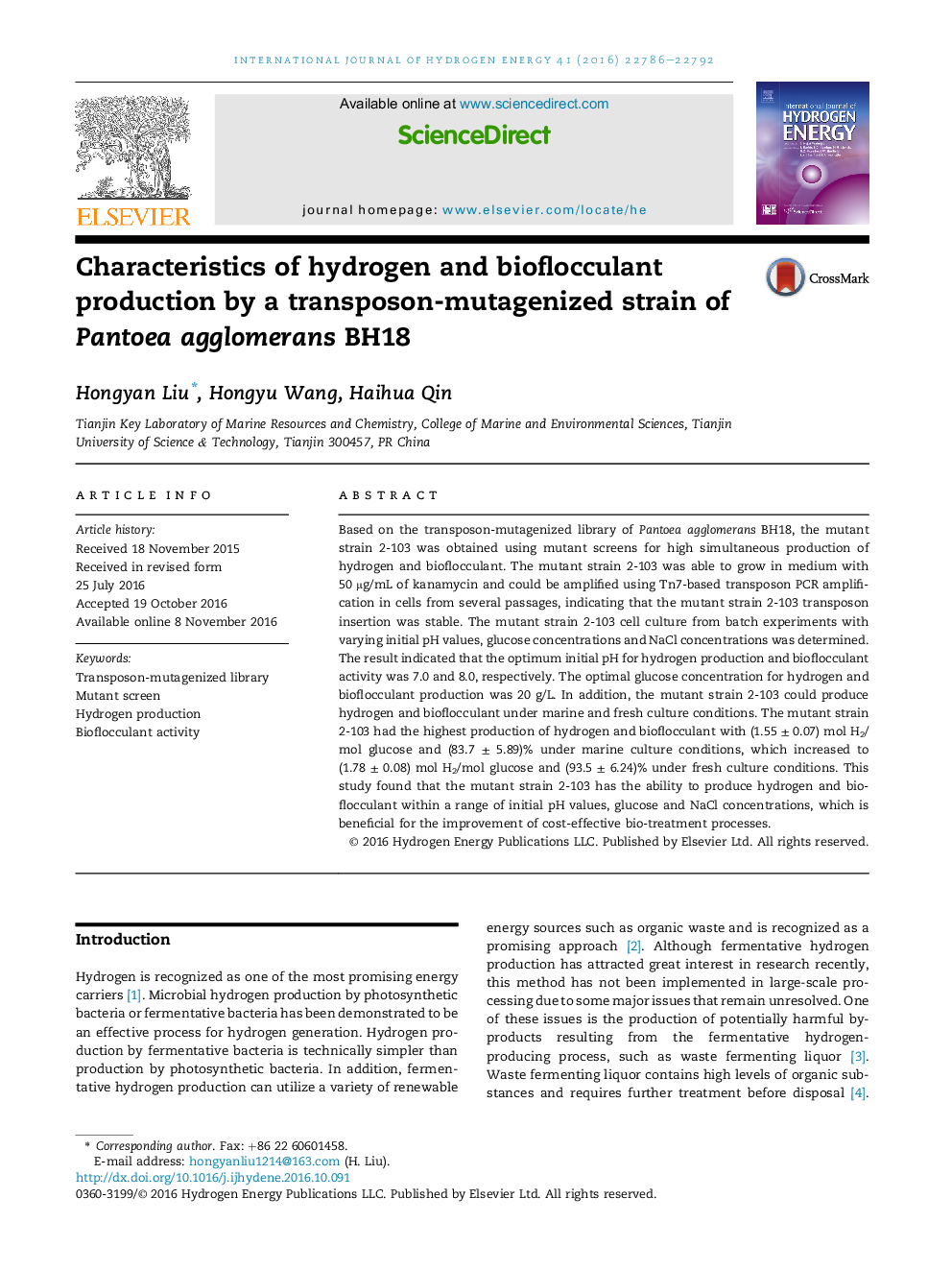 Characteristics of hydrogen and bioflocculant production by a transposon-mutagenized strain of Pantoea agglomerans BH18